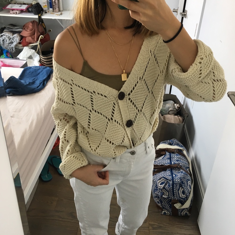 Cream Open-Knit Button Cardigan Sweater